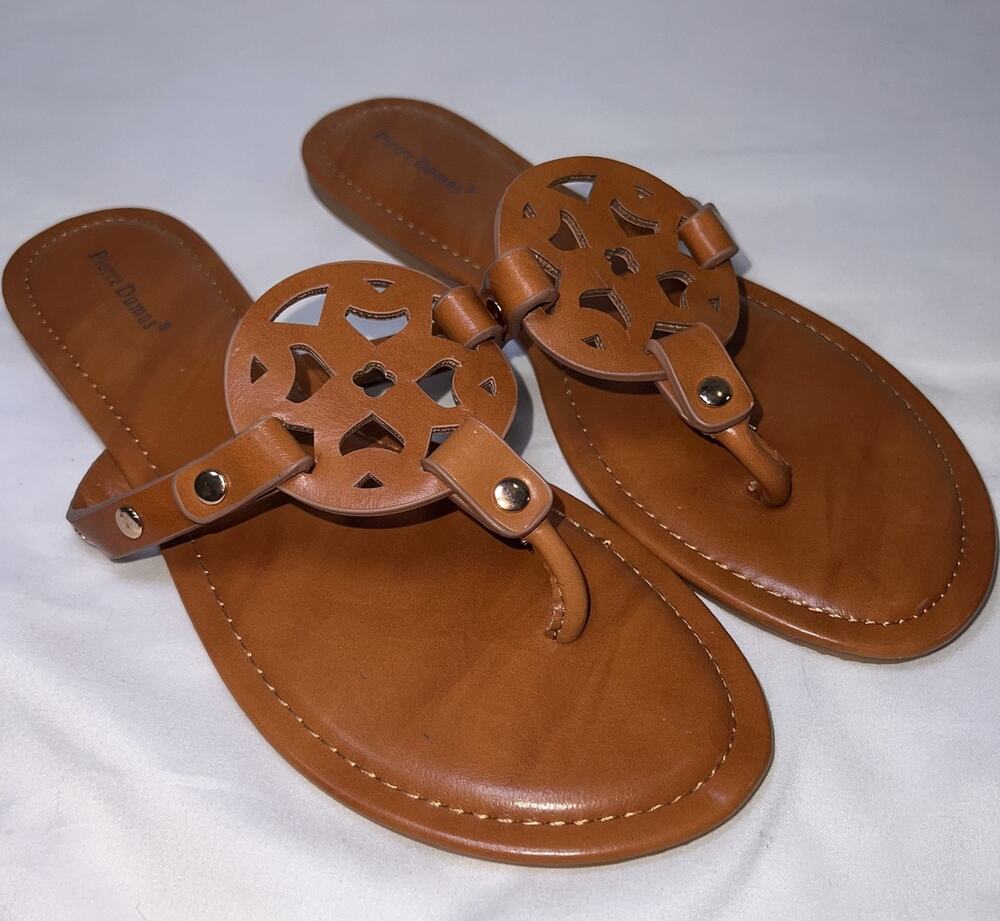 Pierre Dumas Sandals Flats Size 10 Brown Logo Thong Casual Beach Resort Vacation